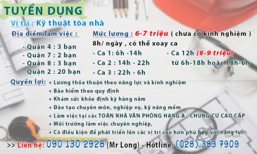 Tuyển dụng vị trí Kỹ Thuật Viên tòa nhà 